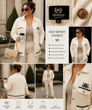 EllandEmm Coco Knit Cardigan Jacket 3XL PREPPY OLD MONEY IVORY BLK